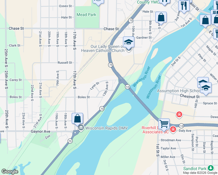 map of restaurants, bars, coffee shops, grocery stores, and more near 240 Park Avenue in Wisconsin Rapids