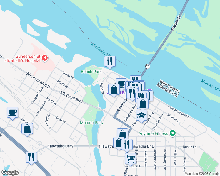 map of restaurants, bars, coffee shops, grocery stores, and more near 136 Arch Avenue in Wabasha