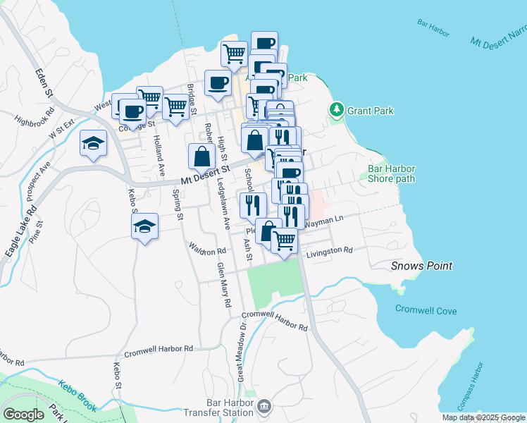 map of restaurants, bars, coffee shops, grocery stores, and more near 19 1st South Street in Bar Harbor