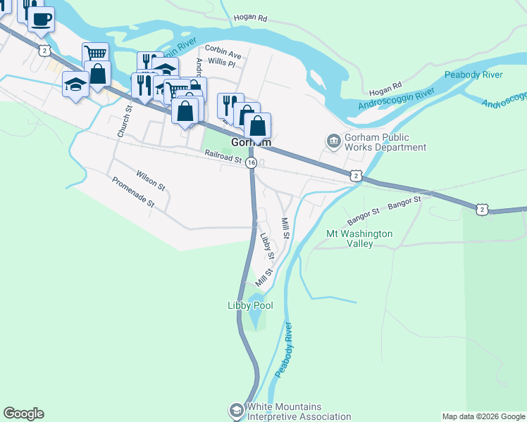 map of restaurants, bars, coffee shops, grocery stores, and more near 33 Glen Road in Gorham