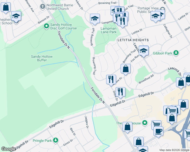 map of restaurants, bars, coffee shops, grocery stores, and more near in Barrie