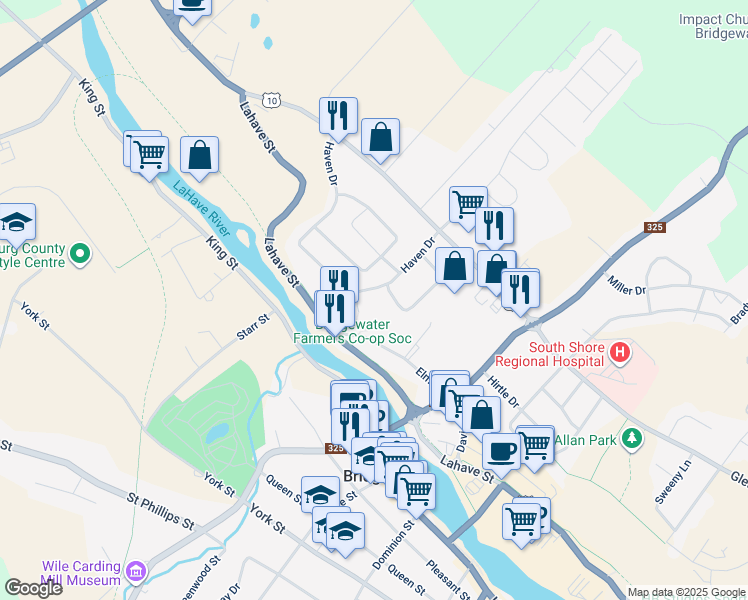 map of restaurants, bars, coffee shops, grocery stores, and more near 87 Haven Drive in Bridgewater