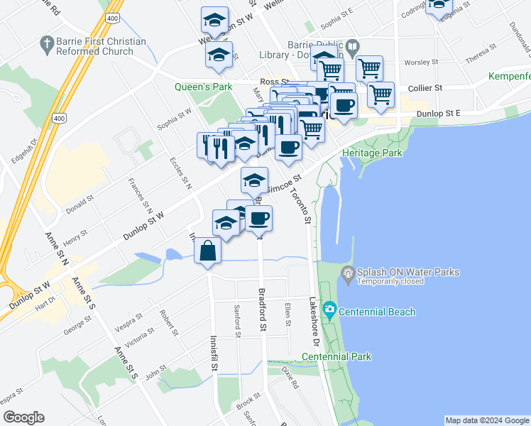 map of restaurants, bars, coffee shops, grocery stores, and more near 45 Bradford Street in Barrie