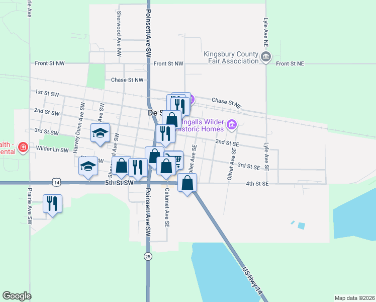 map of restaurants, bars, coffee shops, grocery stores, and more near 227-299 Joliet Avenue Southeast in De Smet