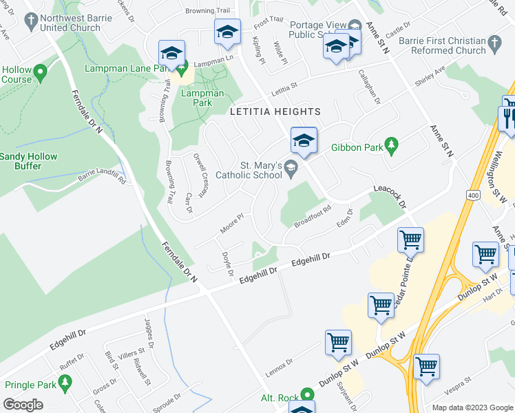 map of restaurants, bars, coffee shops, grocery stores, and more near 65 Fox Run in Barrie