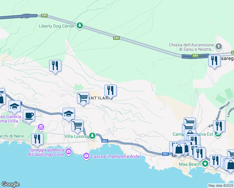 map of restaurants, bars, coffee shops, grocery stores, and more near 5 Via del Pendicollo in Genova