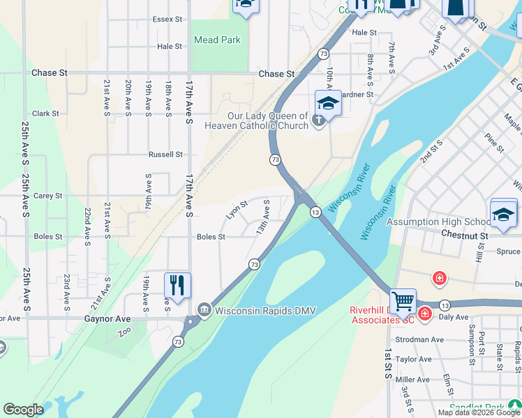 map of restaurants, bars, coffee shops, grocery stores, and more near 240 Park Avenue in Wisconsin Rapids