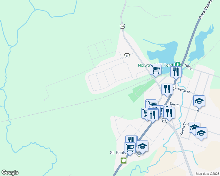map of restaurants, bars, coffee shops, grocery stores, and more near 11 Darrell Drain Crescent in Norwood