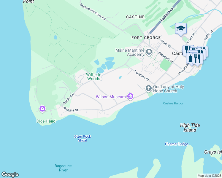 map of restaurants, bars, coffee shops, grocery stores, and more near 26 La Tour Street in Castine
