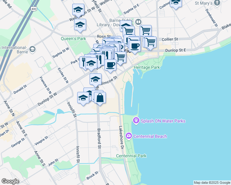 map of restaurants, bars, coffee shops, grocery stores, and more near in Barrie