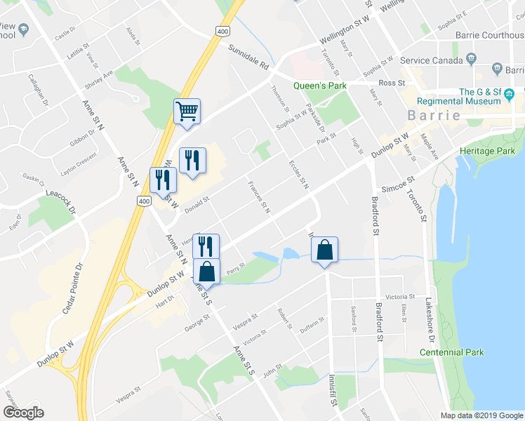 map of restaurants, bars, coffee shops, grocery stores, and more near 8 Frances Street North in Barrie