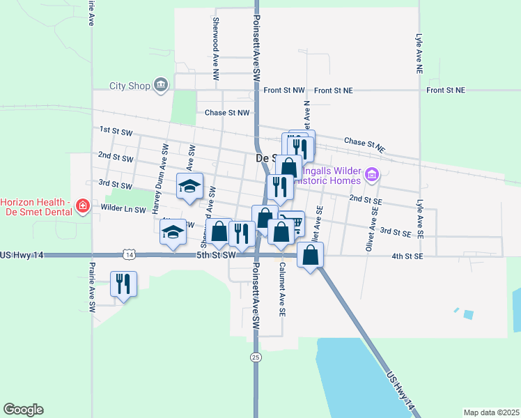 map of restaurants, bars, coffee shops, grocery stores, and more near 210 3rd Street Southwest in De Smet