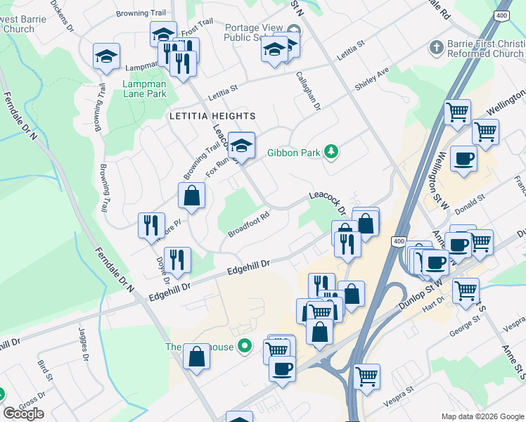 map of restaurants, bars, coffee shops, grocery stores, and more near 20 Broadfoot Road in Barrie