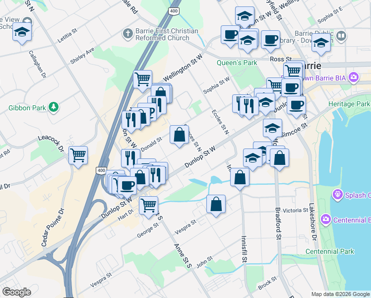 map of restaurants, bars, coffee shops, grocery stores, and more near 55 Henry Street in Barrie