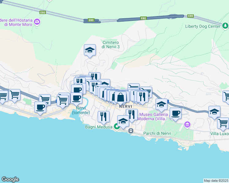 map of restaurants, bars, coffee shops, grocery stores, and more near Salita Maggiolo di Nervi in Genova