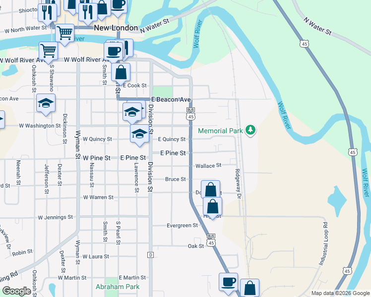 map of restaurants, bars, coffee shops, grocery stores, and more near 417 East Pine Street in New London