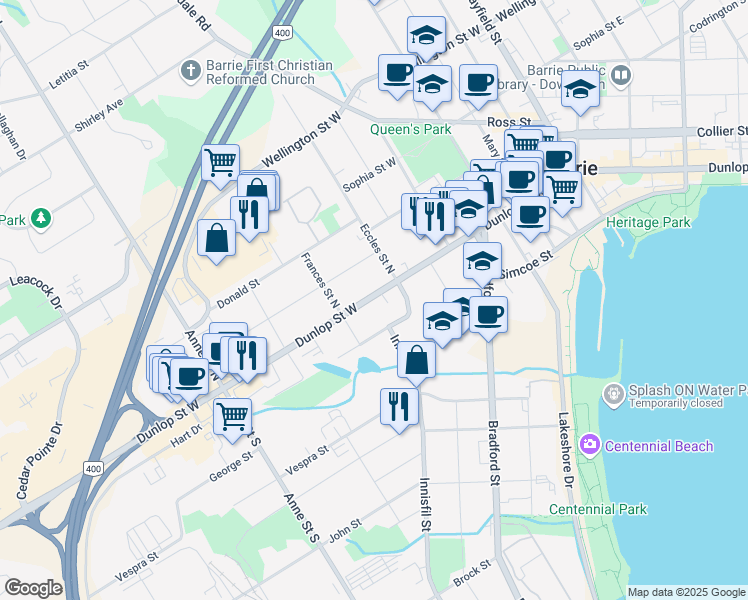 map of restaurants, bars, coffee shops, grocery stores, and more near in Barrie