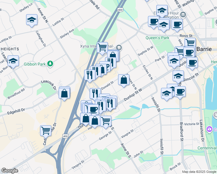 map of restaurants, bars, coffee shops, grocery stores, and more near in Barrie