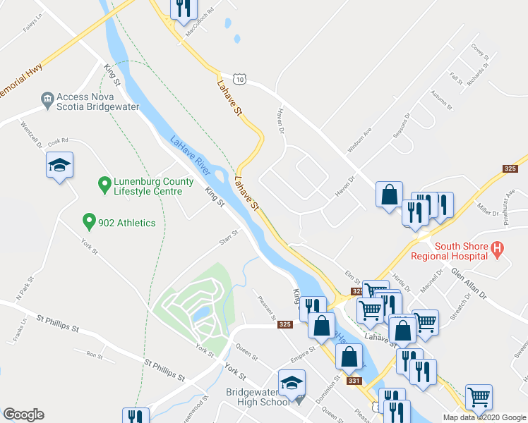 map of restaurants, bars, coffee shops, grocery stores, and more near 726 Lahave Street in Bridgewater