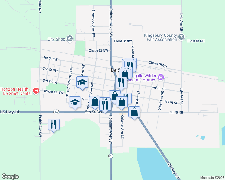 map of restaurants, bars, coffee shops, grocery stores, and more near 209 Poinsett Avenue Southwest in De Smet