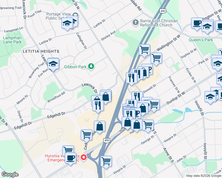 map of restaurants, bars, coffee shops, grocery stores, and more near 115 Edgehill Drive in Barrie