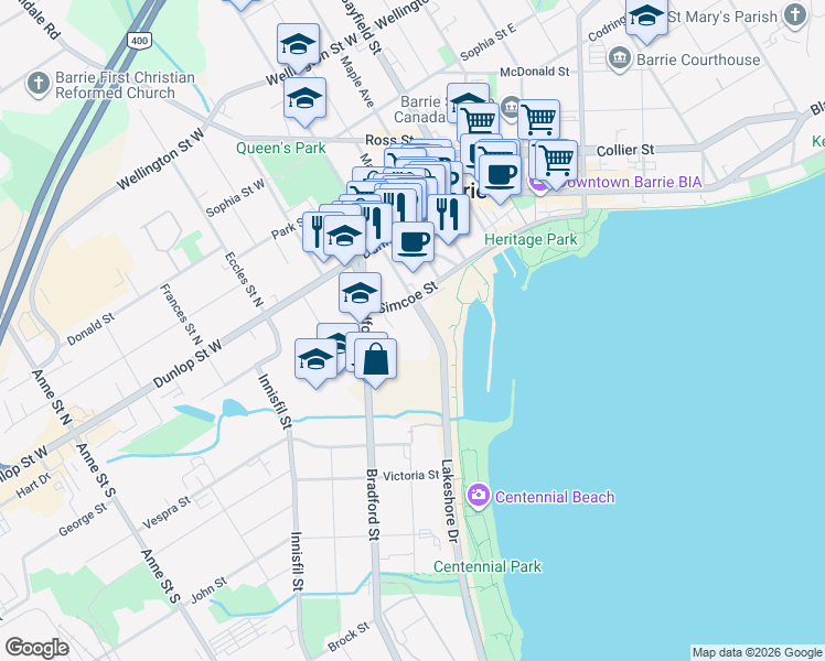 map of restaurants, bars, coffee shops, grocery stores, and more near in Barrie