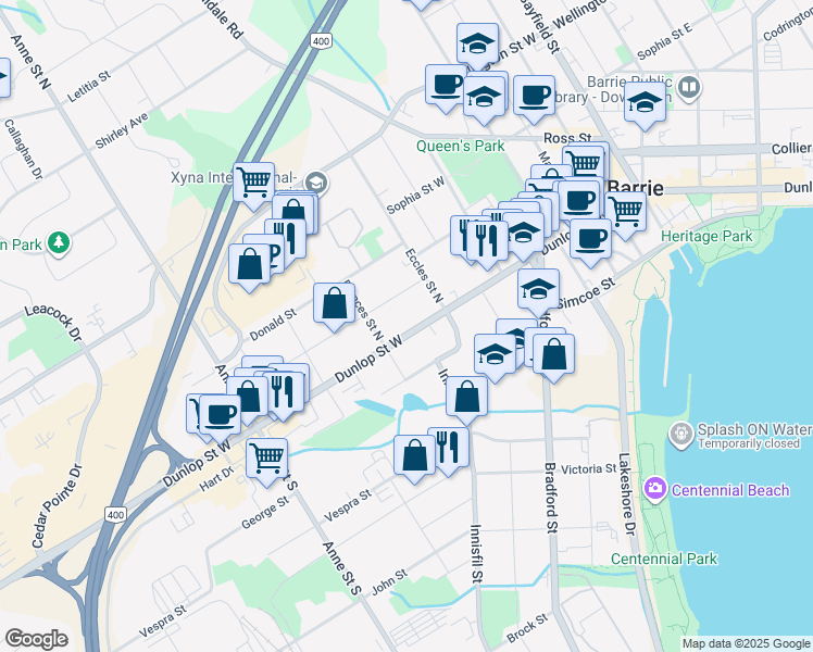 map of restaurants, bars, coffee shops, grocery stores, and more near 196 Dunlop Street West in Barrie