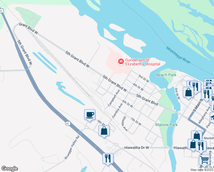 map of restaurants, bars, coffee shops, grocery stores, and more near 524 Phelps Avenue in Wabasha