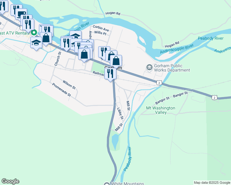 map of restaurants, bars, coffee shops, grocery stores, and more near 33 Glen Road in Gorham
