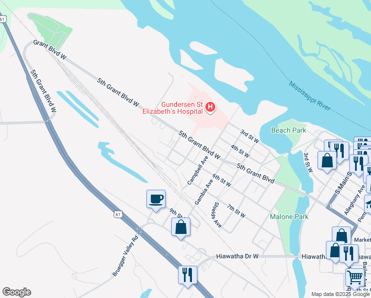 map of restaurants, bars, coffee shops, grocery stores, and more near 1236 6th Street West in Wabasha
