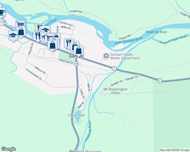 map of restaurants, bars, coffee shops, grocery stores, and more near 36 Washington Street in Gorham