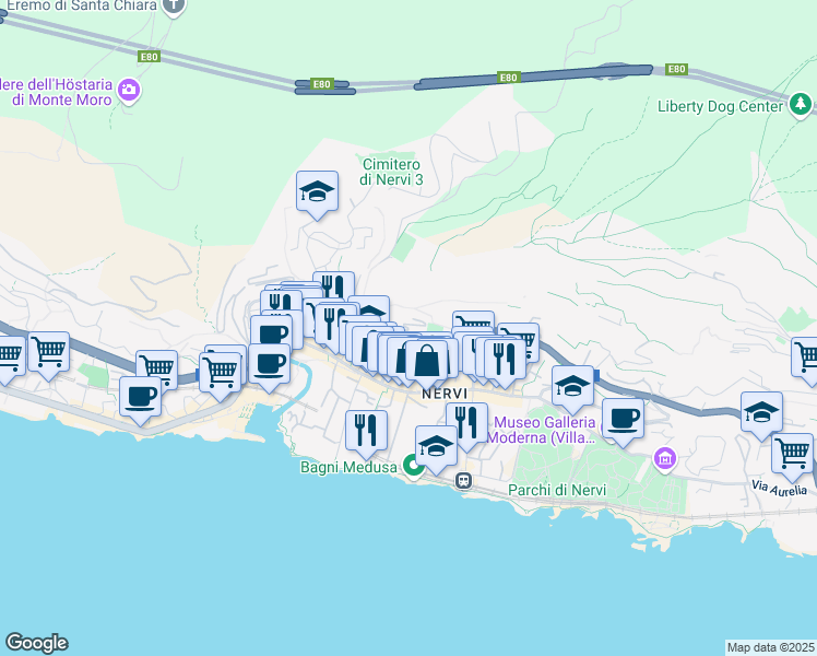 map of restaurants, bars, coffee shops, grocery stores, and more near Salita Maggiolo di Nervi in Genova