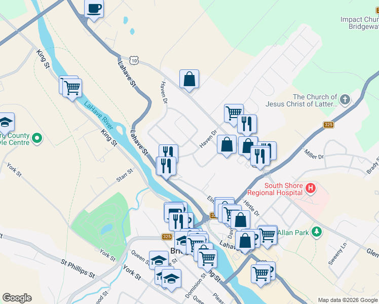 map of restaurants, bars, coffee shops, grocery stores, and more near 72 Haven Drive in Bridgewater