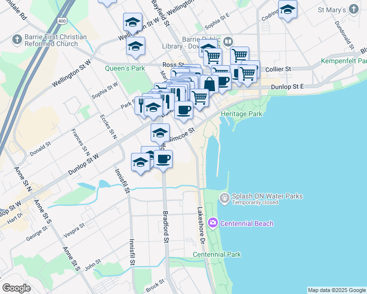 map of restaurants, bars, coffee shops, grocery stores, and more near 6 Toronto Street in Barrie