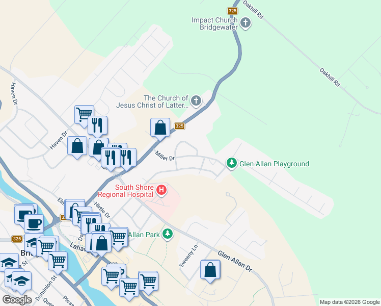 map of restaurants, bars, coffee shops, grocery stores, and more near 74 Miller Drive in Bridgewater