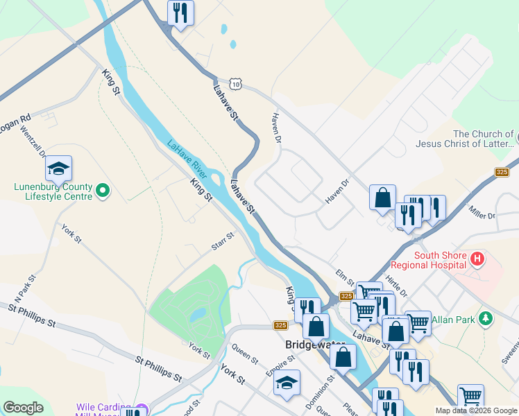 map of restaurants, bars, coffee shops, grocery stores, and more near 726 Lahave Street in Bridgewater