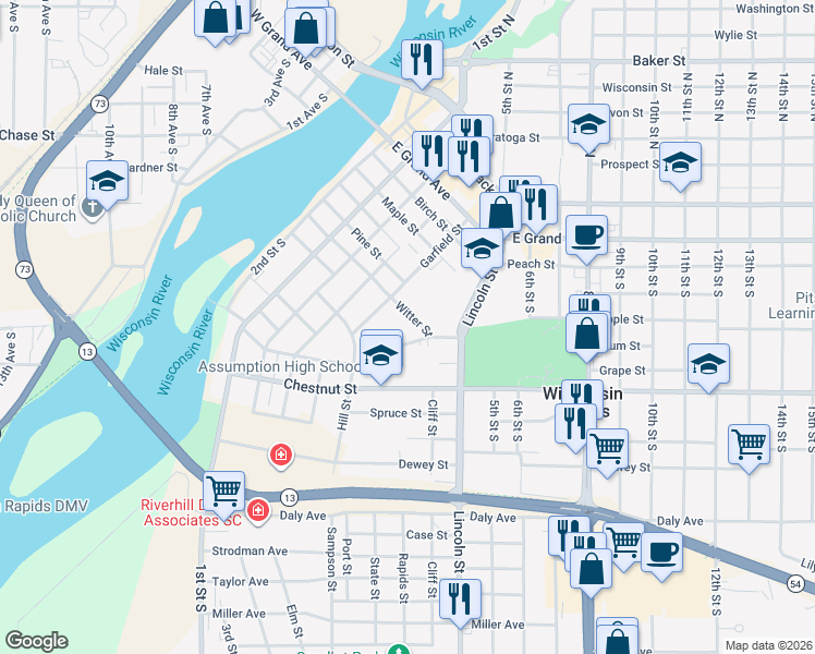 map of restaurants, bars, coffee shops, grocery stores, and more near 447 Mead Circle in Wisconsin Rapids