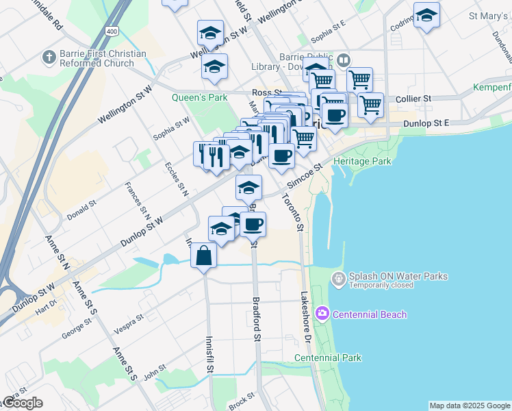 map of restaurants, bars, coffee shops, grocery stores, and more near 45 Bradford Street in Barrie