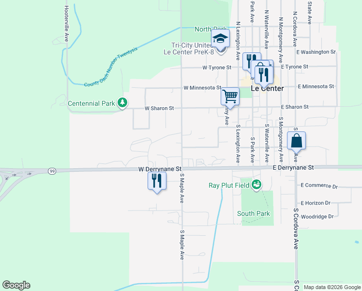 map of restaurants, bars, coffee shops, grocery stores, and more near 274 South Maple Avenue in Le Center