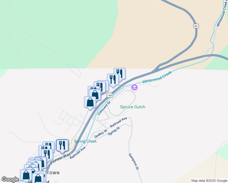 map of restaurants, bars, coffee shops, grocery stores, and more near 716 Main Street in Deadwood
