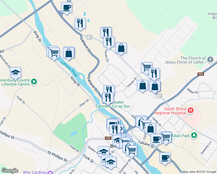 map of restaurants, bars, coffee shops, grocery stores, and more near 120 Haven Drive in Bridgewater