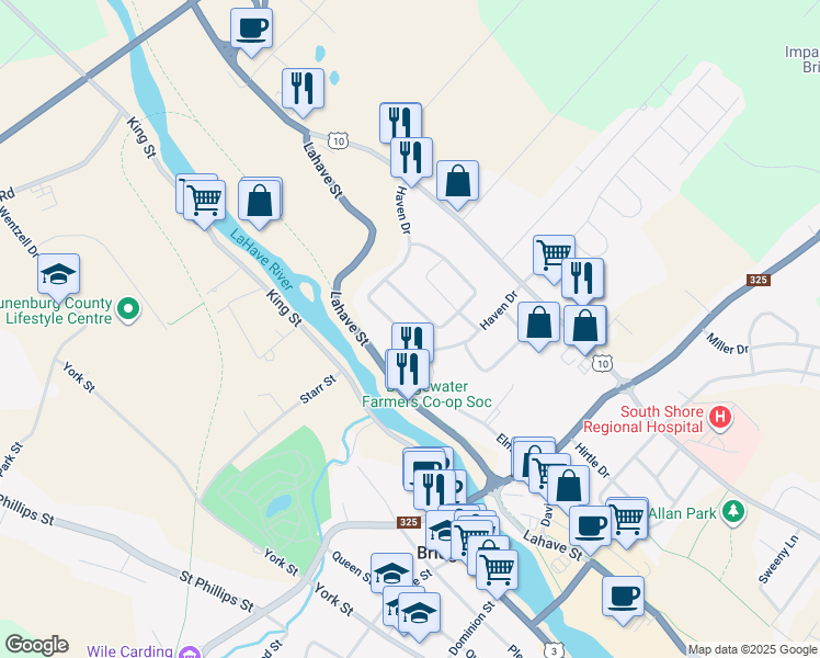 map of restaurants, bars, coffee shops, grocery stores, and more near 120 Haven Drive in Bridgewater