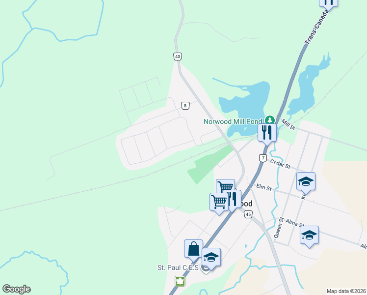 map of restaurants, bars, coffee shops, grocery stores, and more near 13 Millpond Lane in Norwood