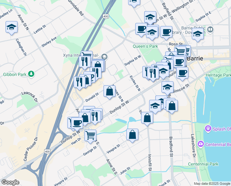 map of restaurants, bars, coffee shops, grocery stores, and more near in Barrie