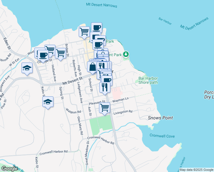 map of restaurants, bars, coffee shops, grocery stores, and more near 5 Atlantic Avenue in Bar Harbor