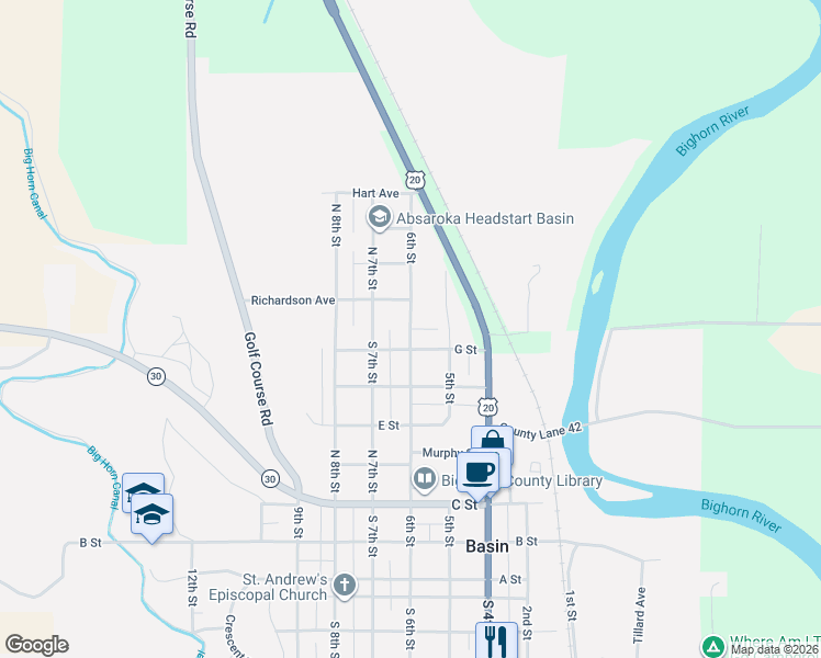 map of restaurants, bars, coffee shops, grocery stores, and more near N Avenue in Basin