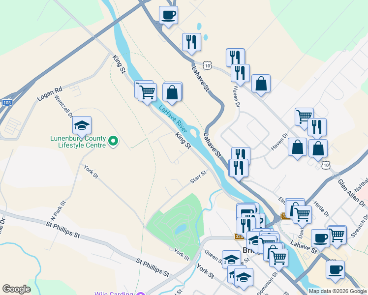 map of restaurants, bars, coffee shops, grocery stores, and more near 1001 King Street in Bridgewater