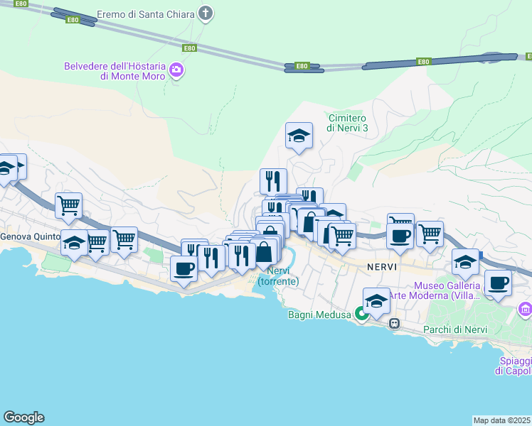 map of restaurants, bars, coffee shops, grocery stores, and more near 83 Via Luigi Biasioli in Genova