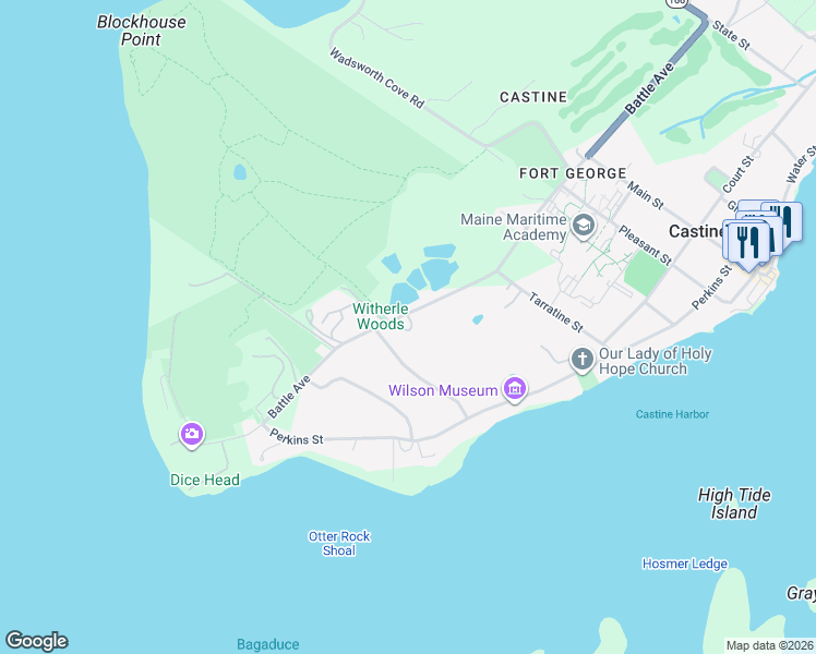 map of restaurants, bars, coffee shops, grocery stores, and more near 105 Battle Avenue in Castine