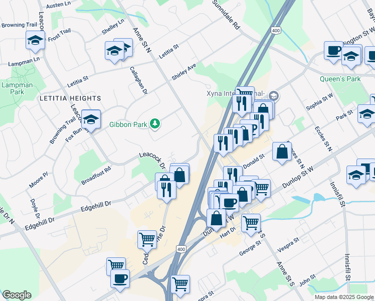 map of restaurants, bars, coffee shops, grocery stores, and more near 108 Edgehill Drive in Barrie